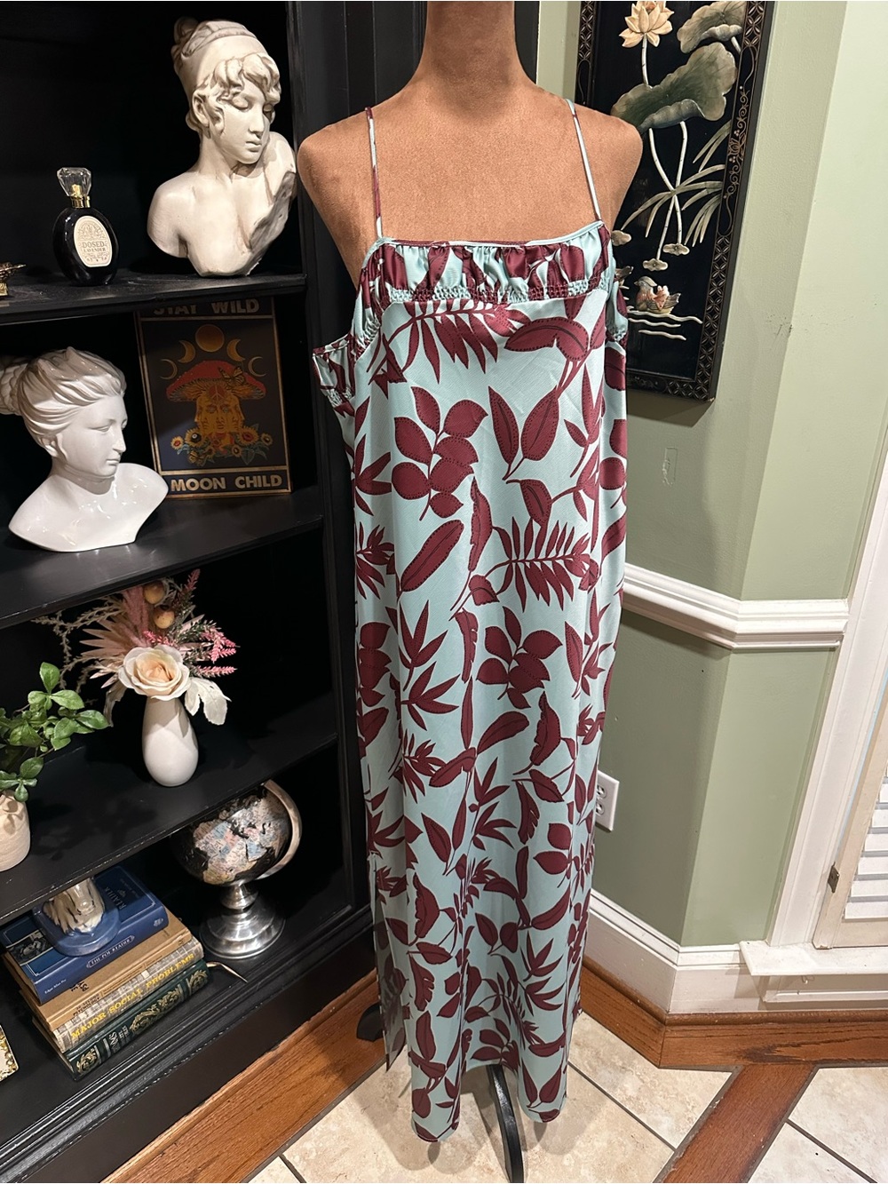 Anthropologie Square‑Neck Slip Dress – Mint Botanical Print – Size 1XL - Picture 2 of 14